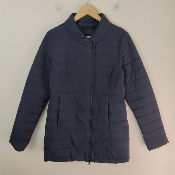 The North Face Navy Blue Quilted Asymmetrical Full Zip Puffer Jacket Coat Size S - Picture 1 of 7